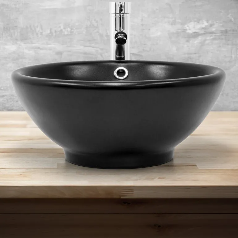 Waschbecken inkl. Ablaufgarnitur Ø 42x17 cm Schwarz matt aus Keramik ML-Design