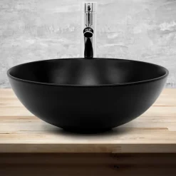 Waschbecken inkl. Ablaufgarnitur Schwarz ohne Überlauf Ø 40x14,5 cm Schwarz aus Keramik ML-Design