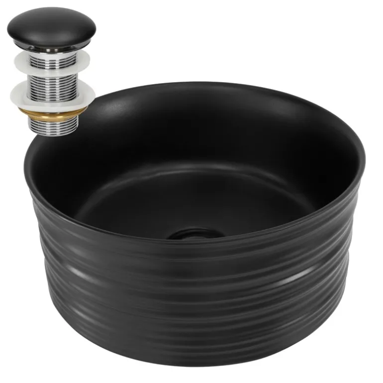 Waschbecken inkl. Ablaufgarnitur Schwarz ohne Überlauf Ø 41x18 cm Schwarz aus Keramik ML-Design