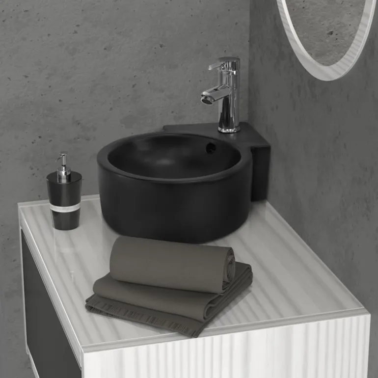 Waschbecken inkl. Ablaufgarnitur Silber mit Überlauf 45x36x13 cm Schwarz aus Keramik ML-Design