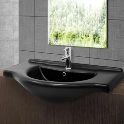 Waschbecken inkl. Ablaufgarnitur Schwarz  mit Überlauf 87x50,5x22,5 cm Schwarz matt aus Keramik ML-Design