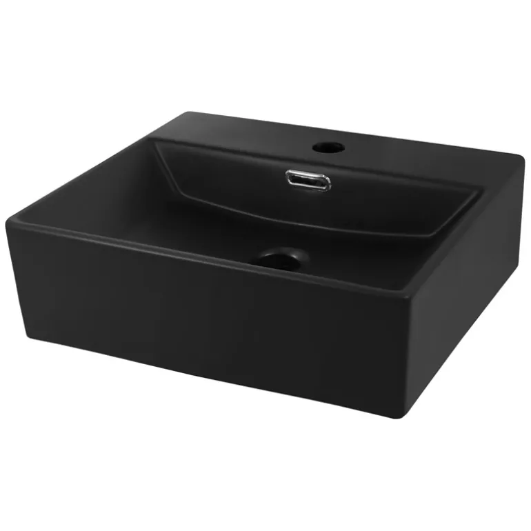 Waschbecken inkl. Ablaufgarnitur Schwarz mit Überlauf 41,5x36x13 cm Schwarz aus Keramik ML-Design