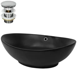 Waschbecken inkl. Ablaufgarnitur Silber mit Überlauf 59x38x19 cm Schwarz aus Keramik ML-Design