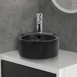 Waschbecken inkl. Ablaufgarnitur Schwarz mit Überlauf 45x36x13 cm Schwarz aus Keramik ML-Design