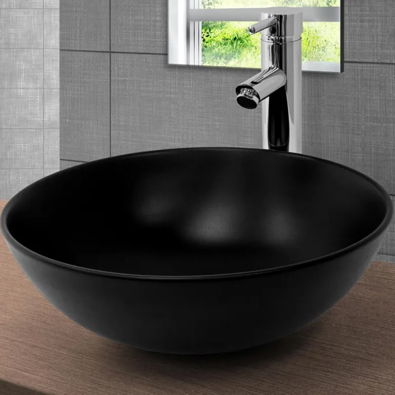 Waschbecken inkl. Ablaufgarnitur Silber ohne Überlauf Ø 40x14,5 cm Schwarz aus Keramik ML-Design