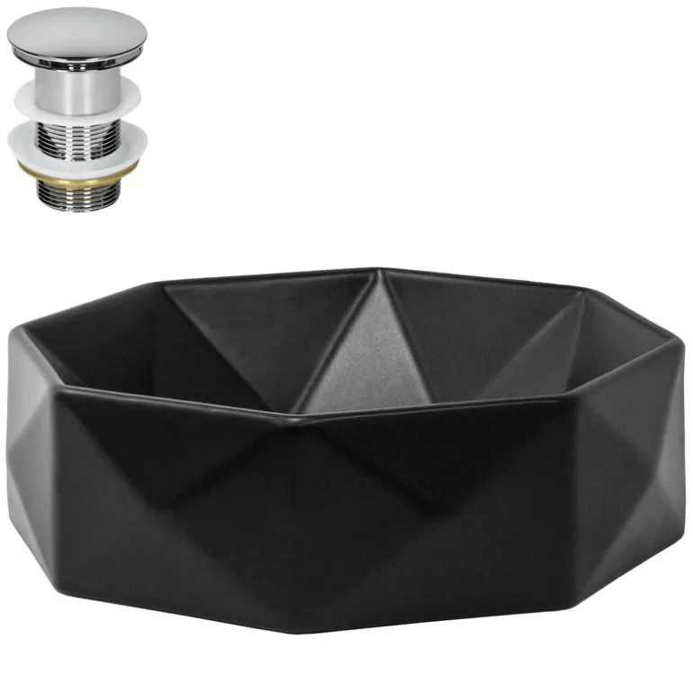 Waschbecken inkl. Ablaufgarnitur Silber ohne Überlauf Ø 42x13,5 cm Schwarz aus Keramik ML-Design