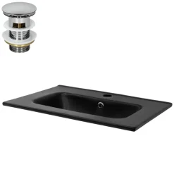 Waschbecken inkl. Ablaufgarnitur Silber mit Überlauf 61x46x16,5 cm Schwarz aus Keramik ML-Design
