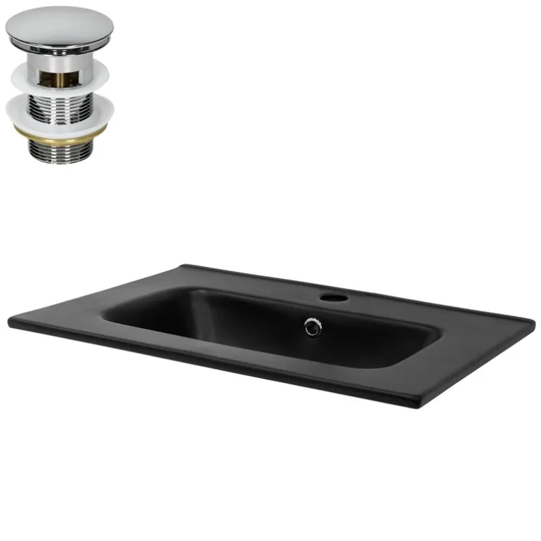Waschbecken inkl. Ablaufgarnitur Silber mit Überlauf 61x46x16,5 cm Schwarz aus Keramik ML-Design