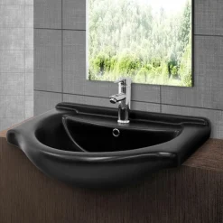 Waschbecken inkl. Ablaufgarnitur Silber mit Überlauf 67,5x51,5x21,5 cm Schwarz matt aus Keramik ML-Design