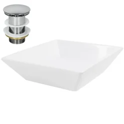 Waschbecken inkl. Ablaufgarnitur Silber ohne Überlauf 41x41x12 cm Weiß aus Keramik ML-Design