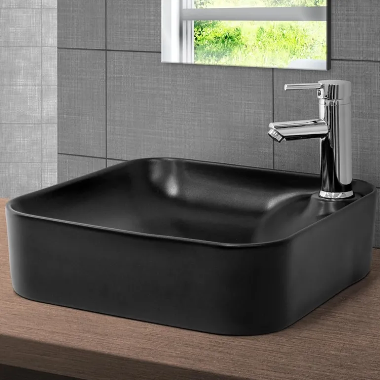 Waschbecken inkl. Ablaufgarnitur Silber ohne Überlauf 43x43x12 cm Schwarz aus Keramik ML-Design
