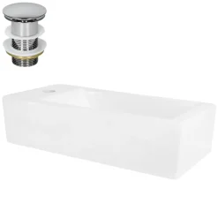 Waschbecken inkl. Ablaufgarnitur Silber ohne Überlauf 51x25x13 cm Weiß aus Keramik Linksbündig ML-Design