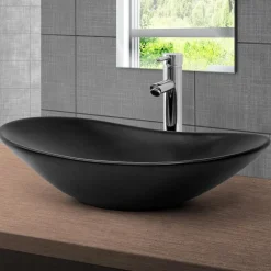 Waschbecken inkl. Ablaufgarnitur Silber ohne Überlauf 63x36x15,5 cm Schwarz aus Keramik ML-Design