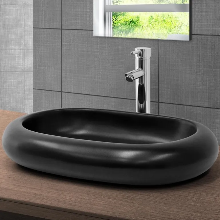 Waschbecken inkl. Ablaufgarnitur Silber ohne Überlauf 65x45x11 cm Schwarz aus Keramik ML-Design