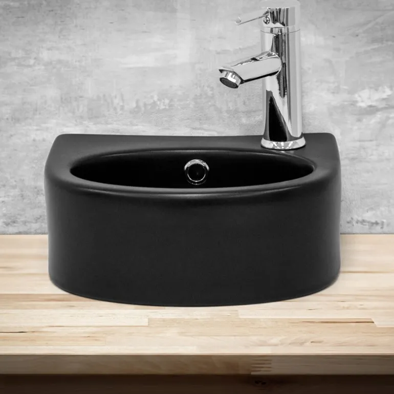 Waschbecken Oval mit Überlauf 33,5x25,5x13 mm Schwarz aus Keramik ML-Design