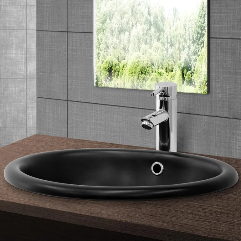 Waschbecken Oval mit Überlauf 49x40,5x19,5 cm Schwarz matt aus Keramik ML-Design