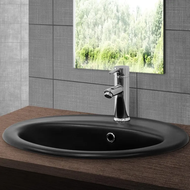 Waschbecken Oval mit Überlauf 57x48,5x19,5 cm Schwarz matt aus Keramik ML-Design