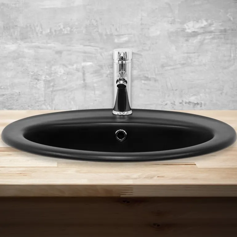 Waschbecken Oval mit Überlauf 57x48,5x19,5 cm Schwarz matt aus Keramik ML-Design