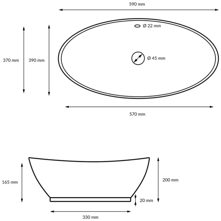 Waschbecken Oval mit Überlauf 590x390x200 mm Weiß aus Keramik
