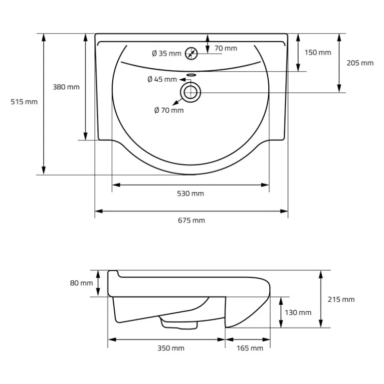 Waschbecken Oval mit Überlauf 67,5x51,5x21,5 cm Weiß aus Keramik ML-Design