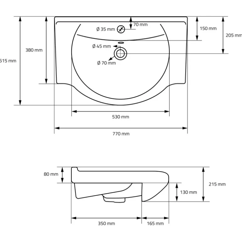 Waschbecken Oval mit Überlauf 77x51,5x21,5 cm Weiß aus Keramik ML-Design