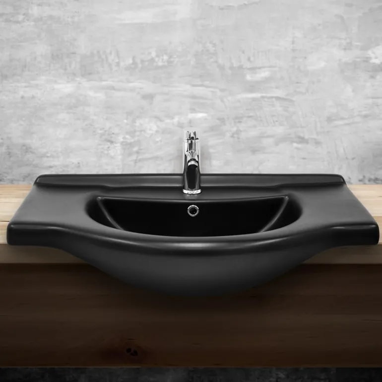 Waschbecken Oval mit Überlauf 87x50,5x2,5 cm Schwarz matt aus Keramik ML-Design