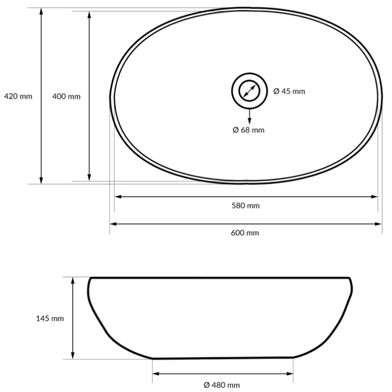 Waschbecken Oval ohne Überlauf 60x42x14,5 cm Weiß aus Keramik