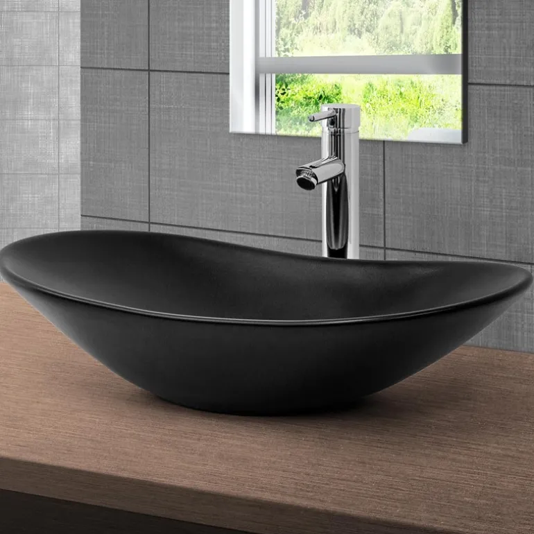 Waschbecken Oval ohne Überlauf 63x36x15,5 cm Schwarz aus Keramik ML-Design