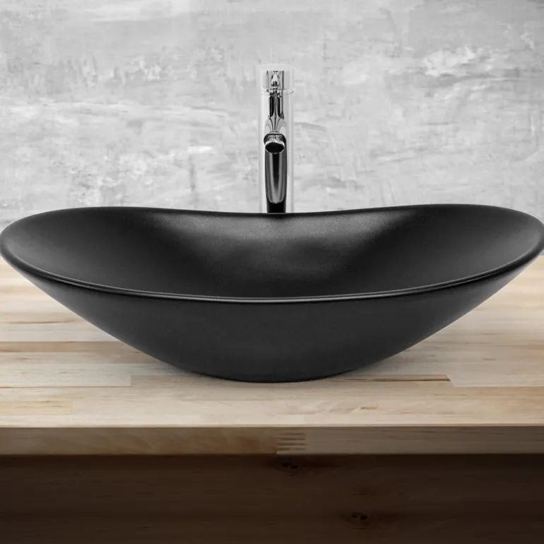Waschbecken Oval ohne Überlauf 63x36x15,5 cm Schwarz aus Keramik ML-Design
