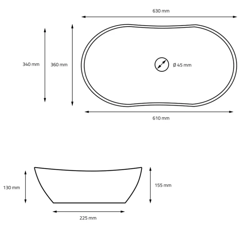 Waschbecken Oval ohne Überlauf 63x36x15,5 cm Schwarz aus Keramik ML-Design