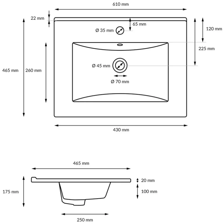 Waschbecken Rechteckig mit Überlauf 610x465x175 mm Weiß aus Keramik