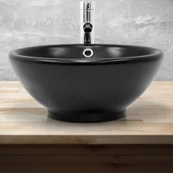 Waschbecken Rund mit Überlauf Ø 42x17 cm Schwarz aus Keramik ML-Design