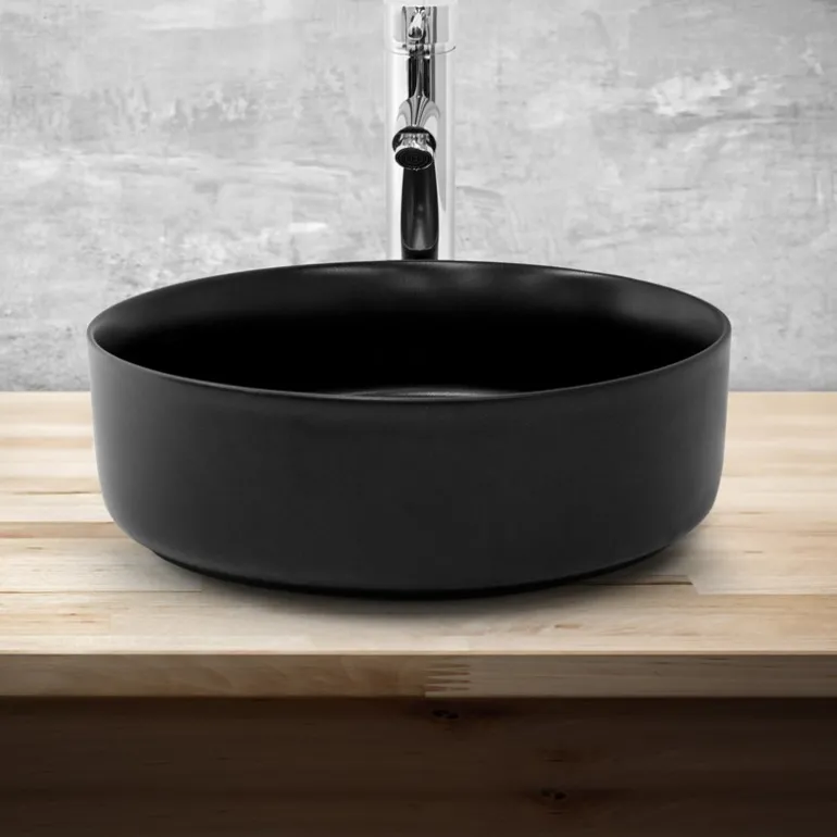 Waschbecken Rund ohne Überlauf Ø 36x12 cm Schwarz aus Keramik ML-Design
