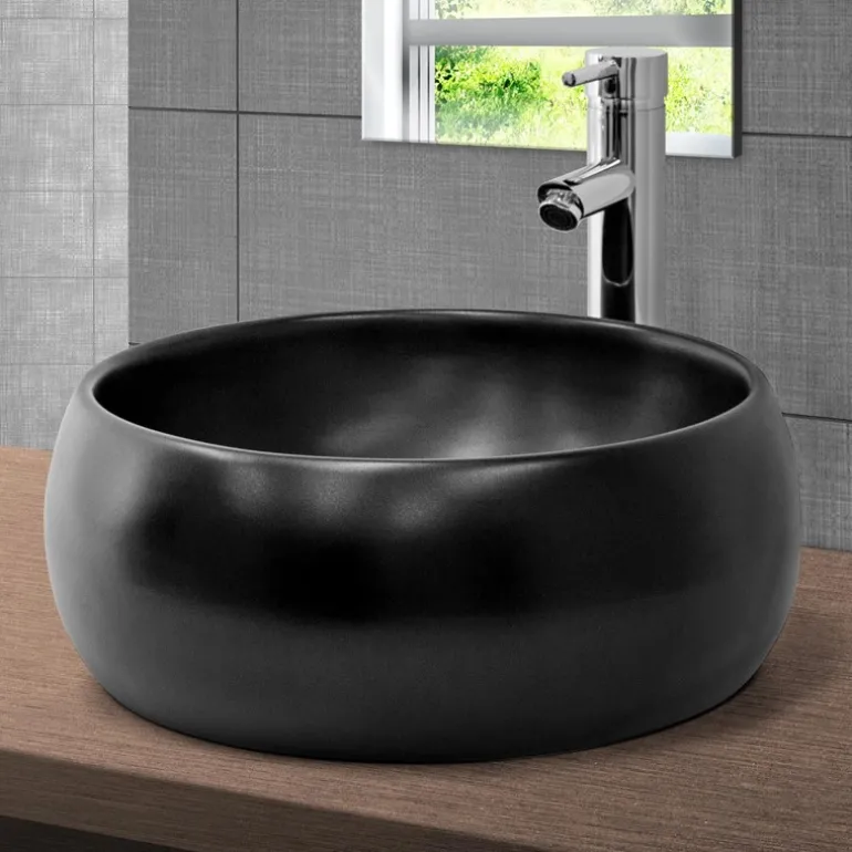 Waschbecken Rund ohne Überlauf Ø 40x15,5 cm Schwarz matt aus Keramik ML-Design