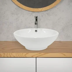 Waschbecken Rund Ø 420 x 170 mm Weiß inkl. Überlauf aus Keramik