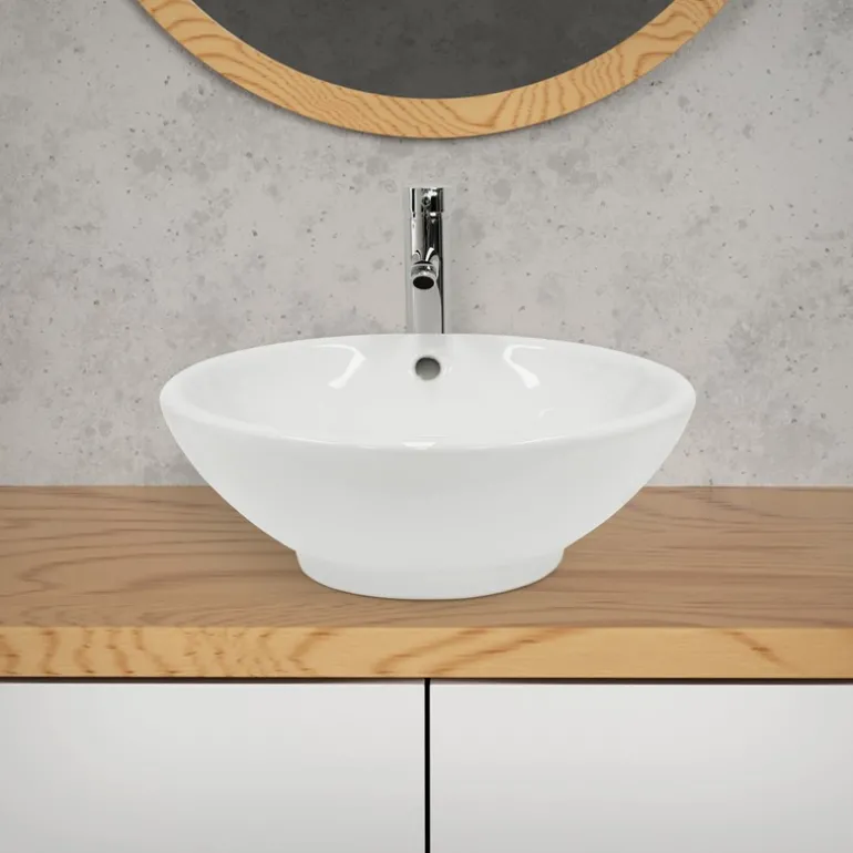Waschbecken Rund Ø 420 x 170 mm Weiß inkl. Überlauf aus Keramik