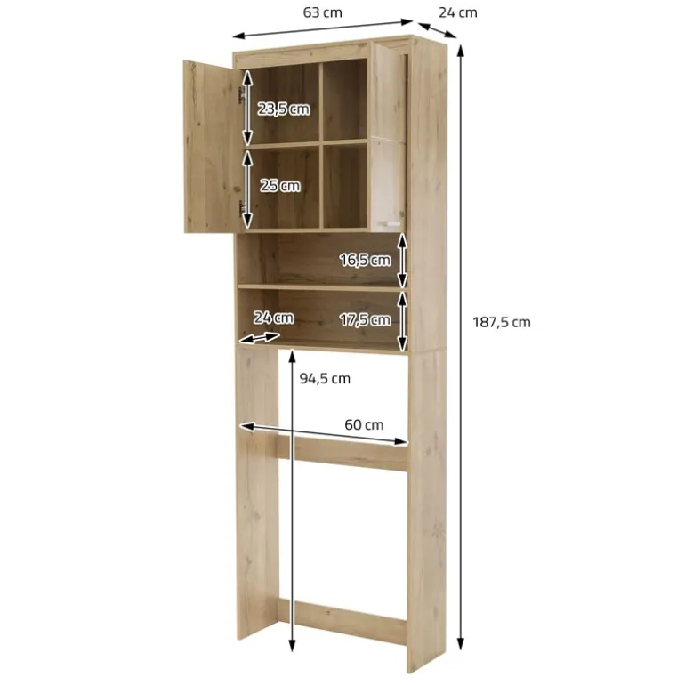 Waschmaschinenschrank mit 2 Türen und 2 offenen Fächern 187,5x63 cm Eichenoptik ML-Design
