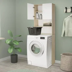 Waschmaschinenschrank Waschmaschinen Regal 62,5x25x190 cm mit 2 Türen und 2 Ablagen in Weiß/Sonoma Eiche ML-Design