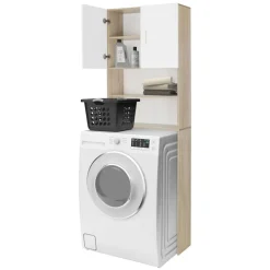 Waschmaschinenschrank Waschmaschinen Regal 62,5x25x190 cm mit 2 Türen und 2 Ablagen in Weiß/Sonoma Eiche ML-Design