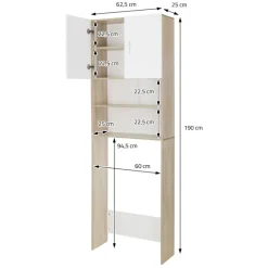 Waschmaschinenschrank Waschmaschinen Regal 62,5x25x190 cm mit 2 Türen und 2 Ablagen in Weiß/Sonoma Eiche ML-Design
