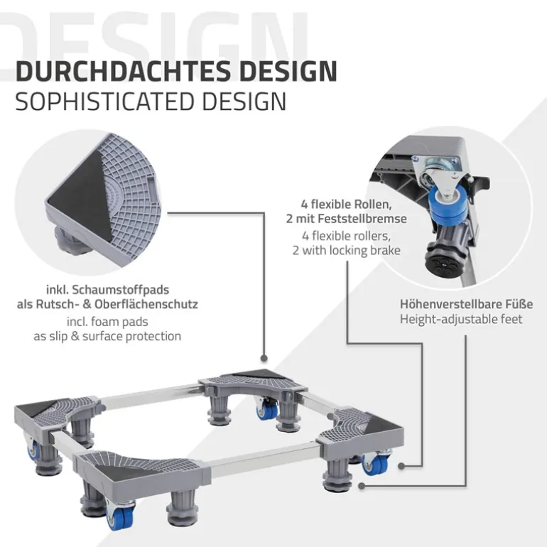 Waschmaschinen Untergestell Podest 43-66 cm x 38-66 cm verstellbare Maße mit Rollen in Grau ML-Design