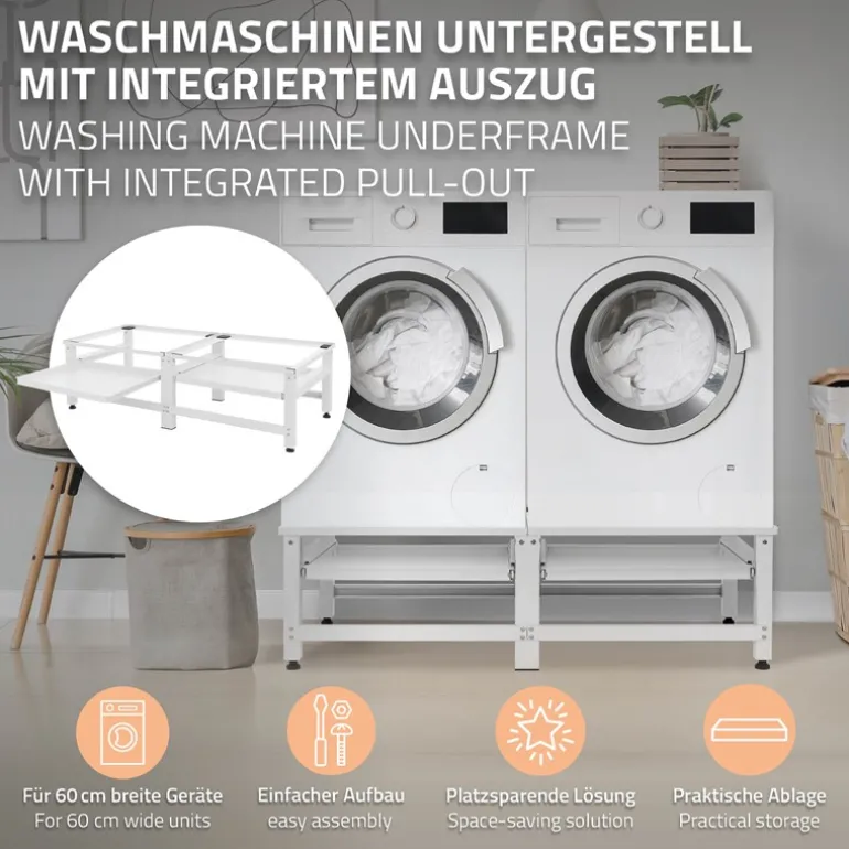 Waschmaschinen Untergestell Unterschrank 2er Set 61x53,5x37 cm mit ausziehbarer Ablage in Weiß ML-Design