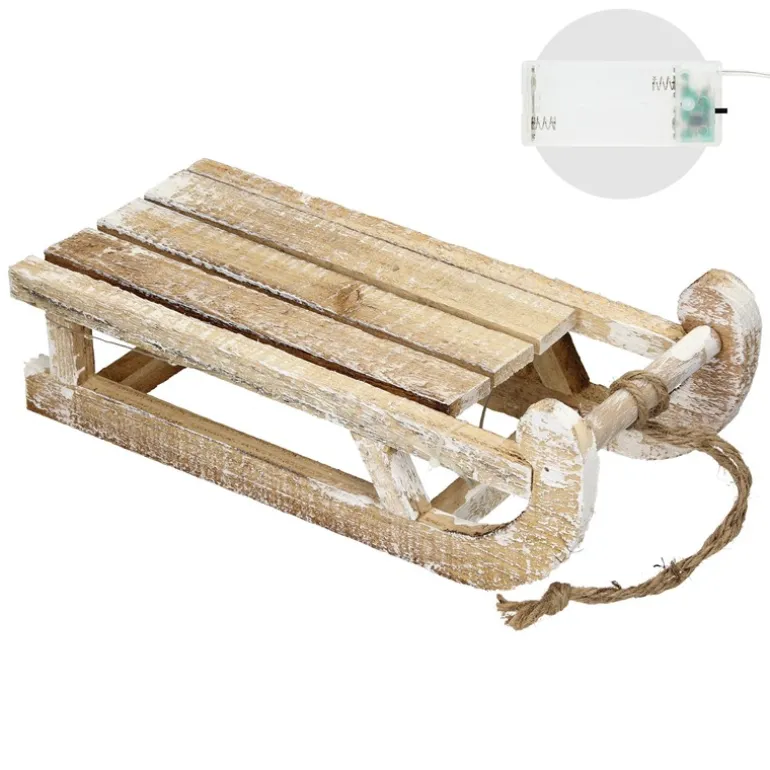Weihnachtsdeko Schlitten mit 25 Warmweißen LEDs 31,5x14,5x10,5 cm Natur aus Holz
