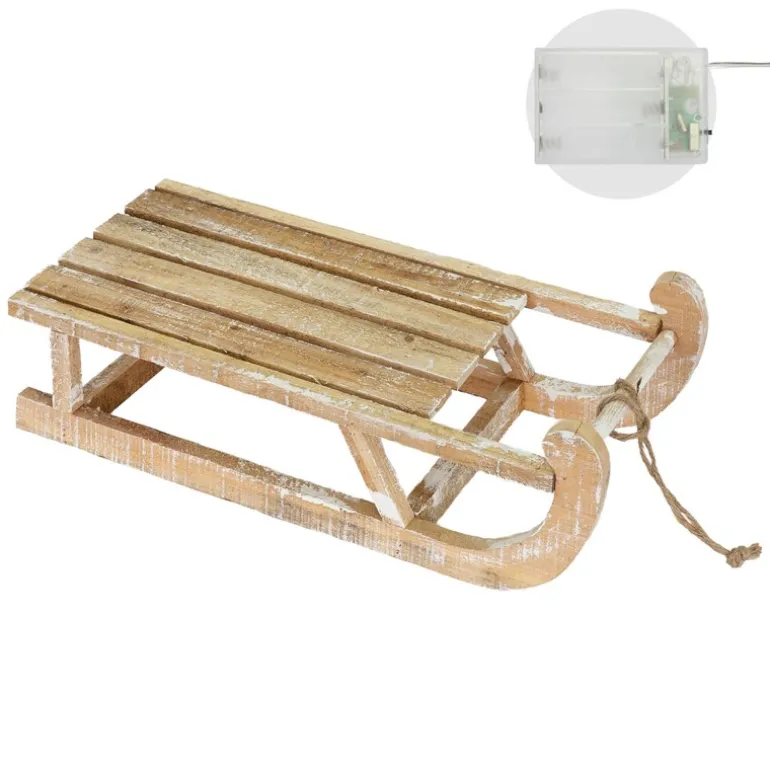 Weihnachtsdeko Schlitten 50,5x13,5x23,5 cm braun aus Holz mit LED