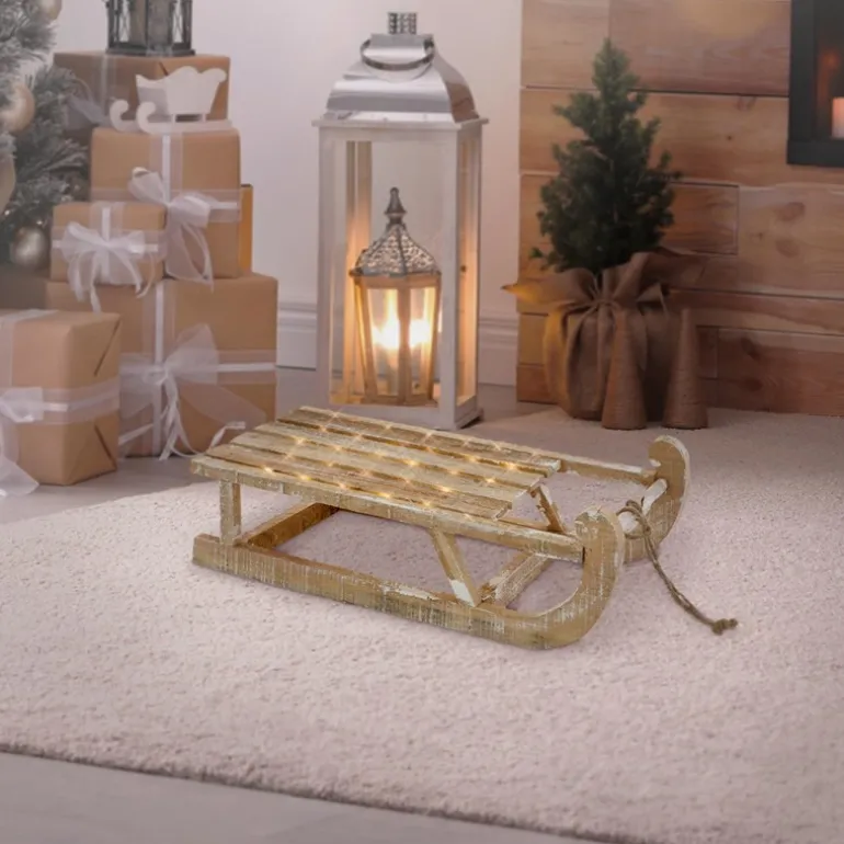 Weihnachtsdeko Schlitten 50,5x13,5x23,5 cm braun aus Holz mit LED
