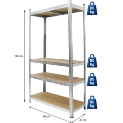 Werkstattregal silber, 160x80x40 cm, aus MDF und Metall, bis 320 kg