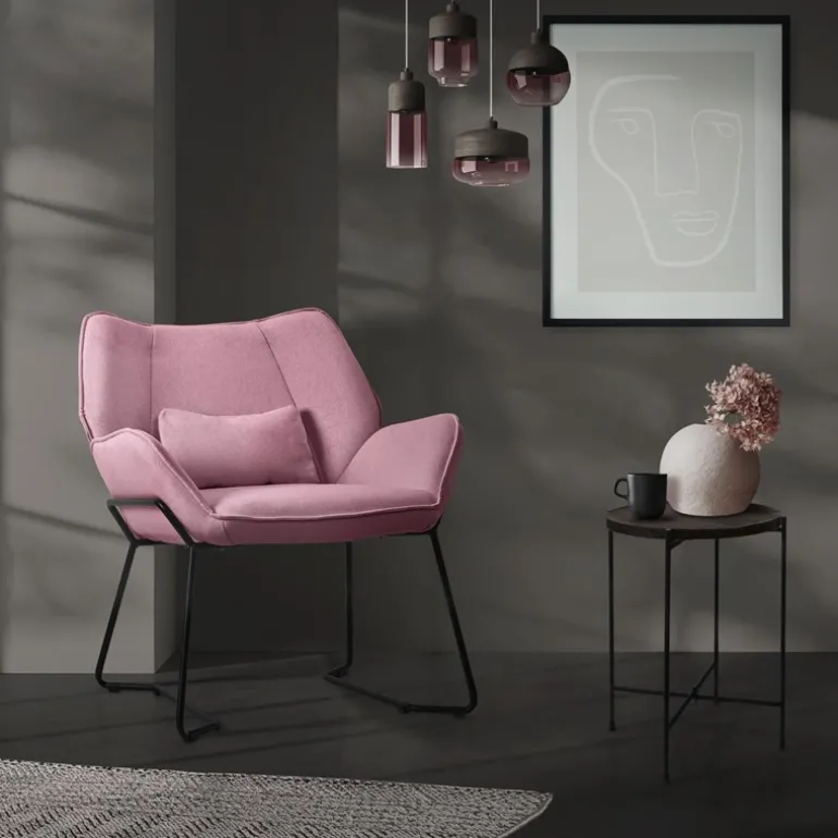 Wohnzimmersessel Loungesessel Rosa mit Rückenkissen bis 120 Kilogramm Polyesterbezug in Leinen Optik ML-Design