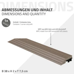 WPC Abschlussleiste 38x2x7,5 cm für WPC Bodenfliese Ecke links Dunkelbraun ML-Design