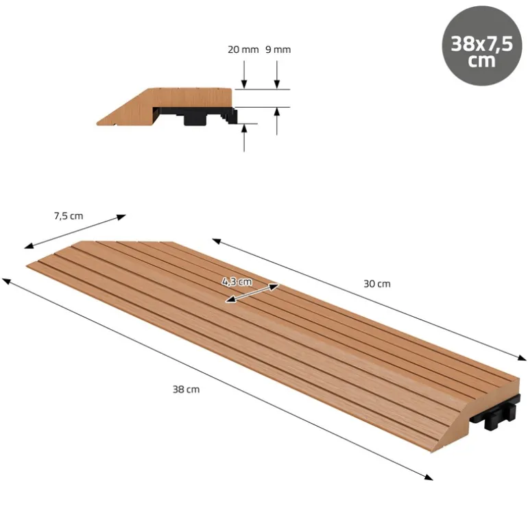 WPC Abschlussleiste 38x2x7,5 cm für WPC Bodenfliese Ecke links Hellbraun ML-Design