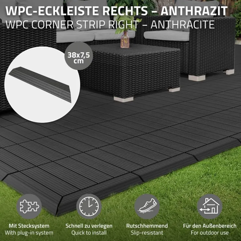 WPC Abschlussleiste 38x2x7,5 cm für WPC Bodenfliese Ecke rechts Anthrazit ML-Design